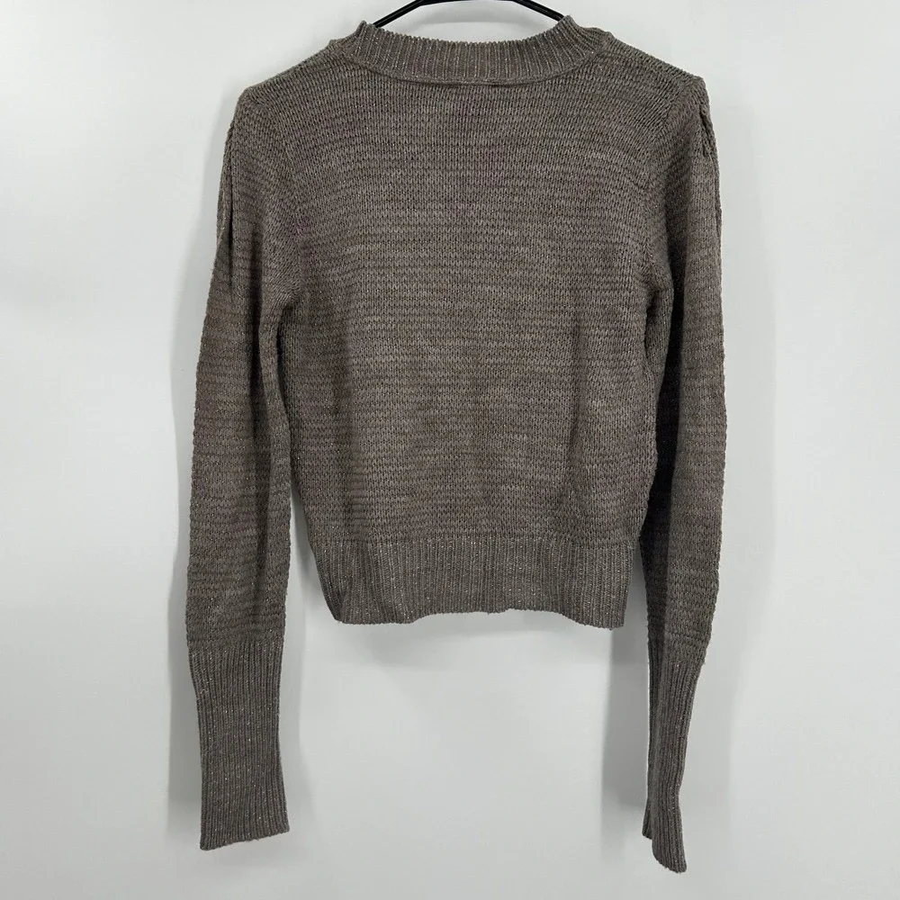 Express Womens Taupe Brown Metallic Shimmer Mock Neck Cropped Sweater Small 0880